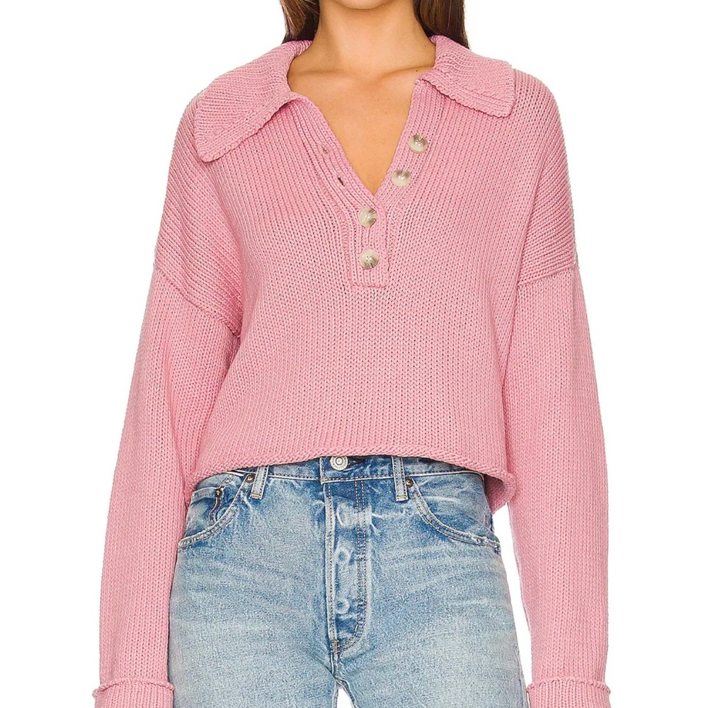 Show Me Your MuMu Pink Cropped Knit Polo Sweater